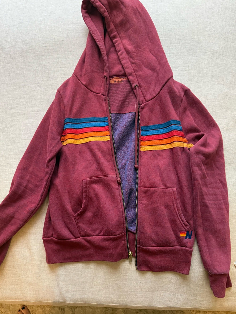 Aviator Nation Burgundy Zip Hoodie with Blue, Red, Orange & Yellow Stripes